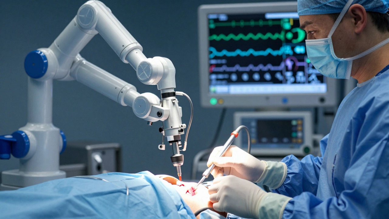 Robotic surgical arm performing precise heart surgery in an operating room