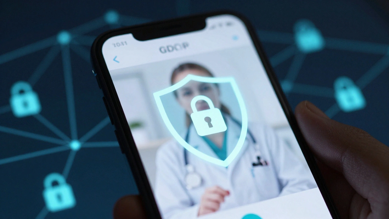 Smartphone with digital shield icon symbolizing secure medical data