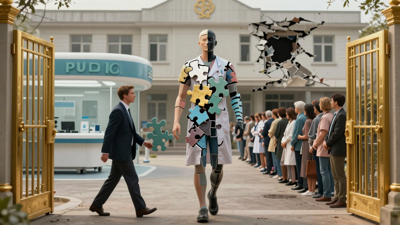 Surreal art showing fragmented care and inequality between private and public health.