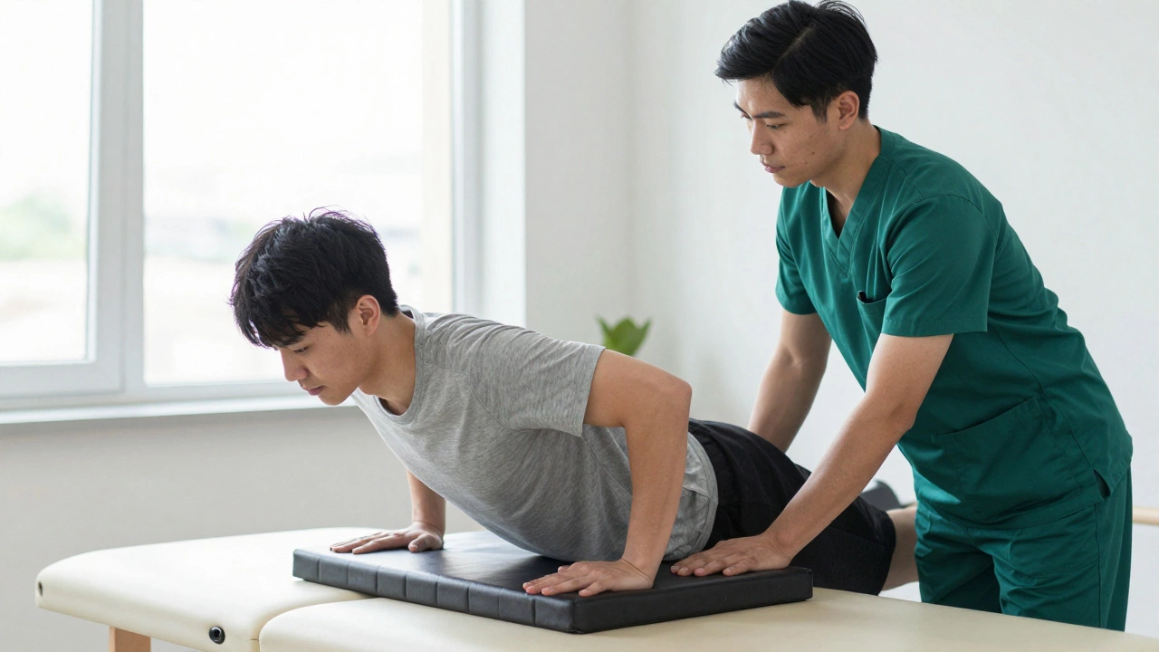 Therapist assessing patient balance during active exercise in a bright clinic