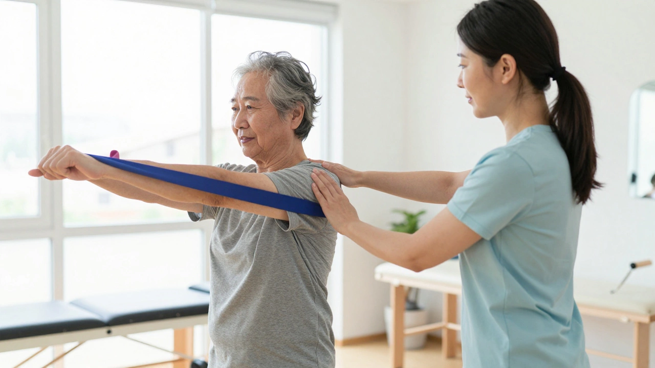 Therapist guiding patient through balance exercises