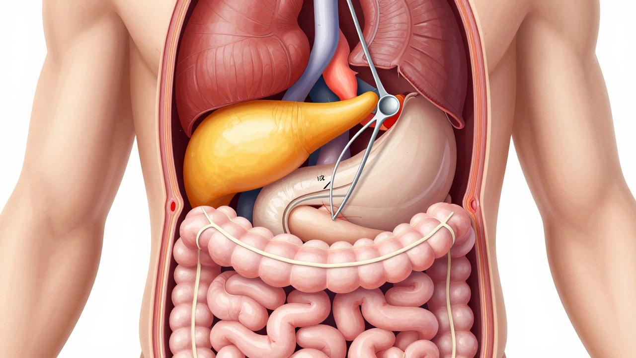 Anatomical illustration showing complex Whipple pancreatic surgery procedure