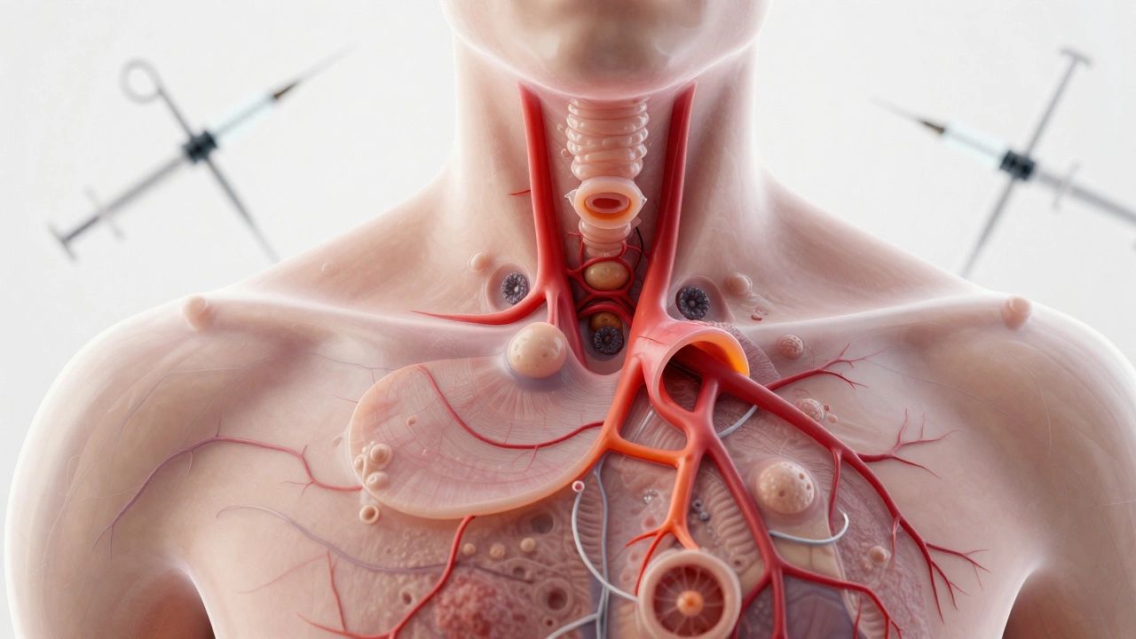 Anatomical view showing scar tissue and implant complications under skin