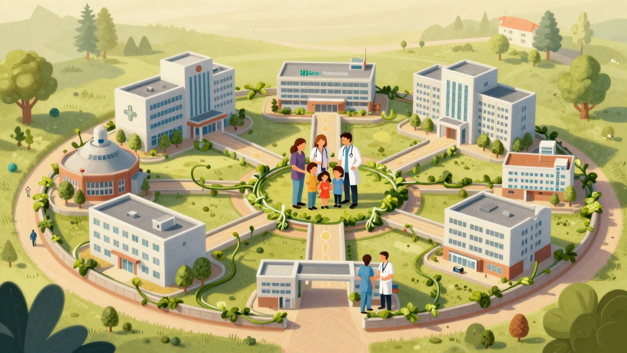 Circular ecosystem of doctors and hospitals connected by green vines, showing integrated care