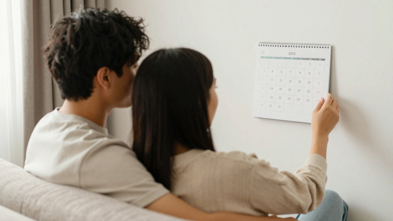 Couple reviewing calendar together in cozy living room