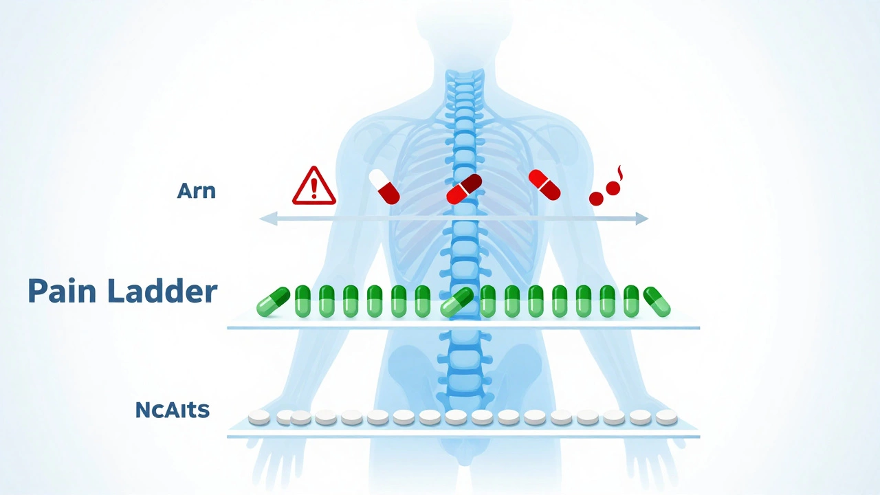 Diagram of pain treatment hierarchy from NSAIDs to opioids