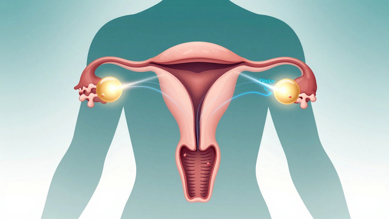 Diagram showing hormonal stimulation of ovarian follicles
