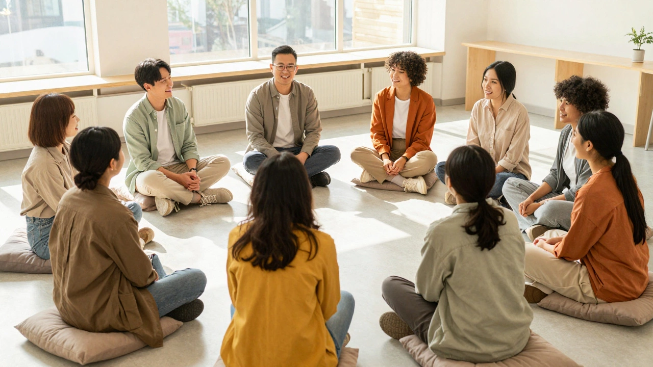 Diverse group therapy session in a bright community room