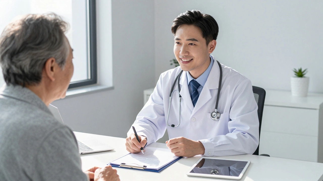 Doctor consulting with elderly patient in sunlit medical office