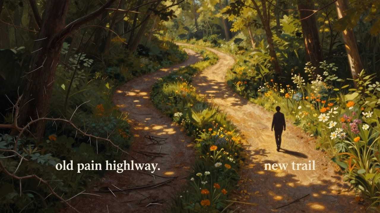 Forest path splitting into a dark old trail and a bright new healing path