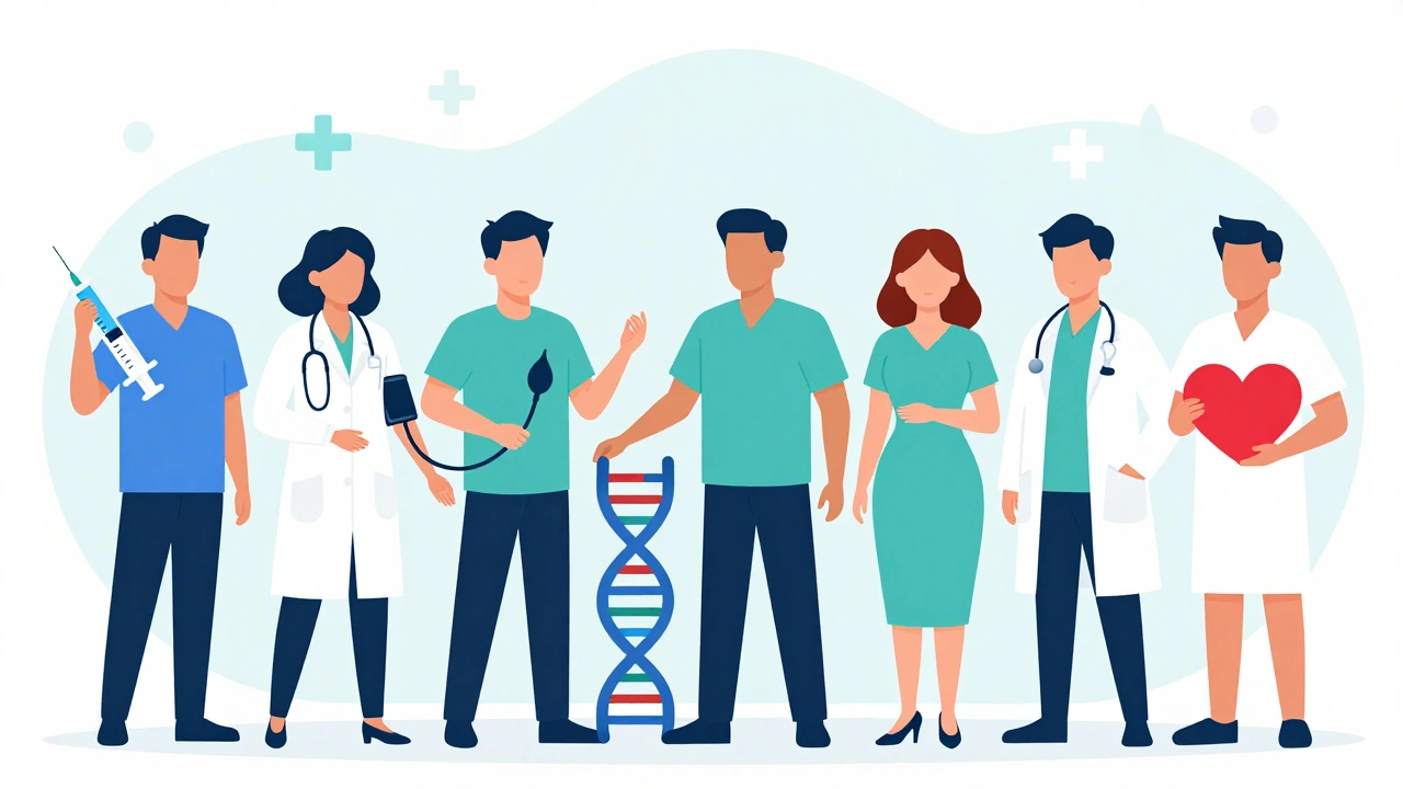 Illustration of people with health prevention icons like vaccines