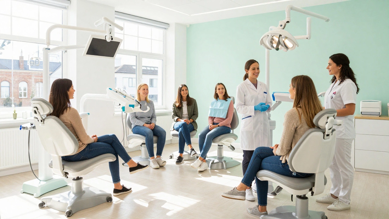 Modern UK dental clinic with diverse patients and bright, welcoming atmosphere