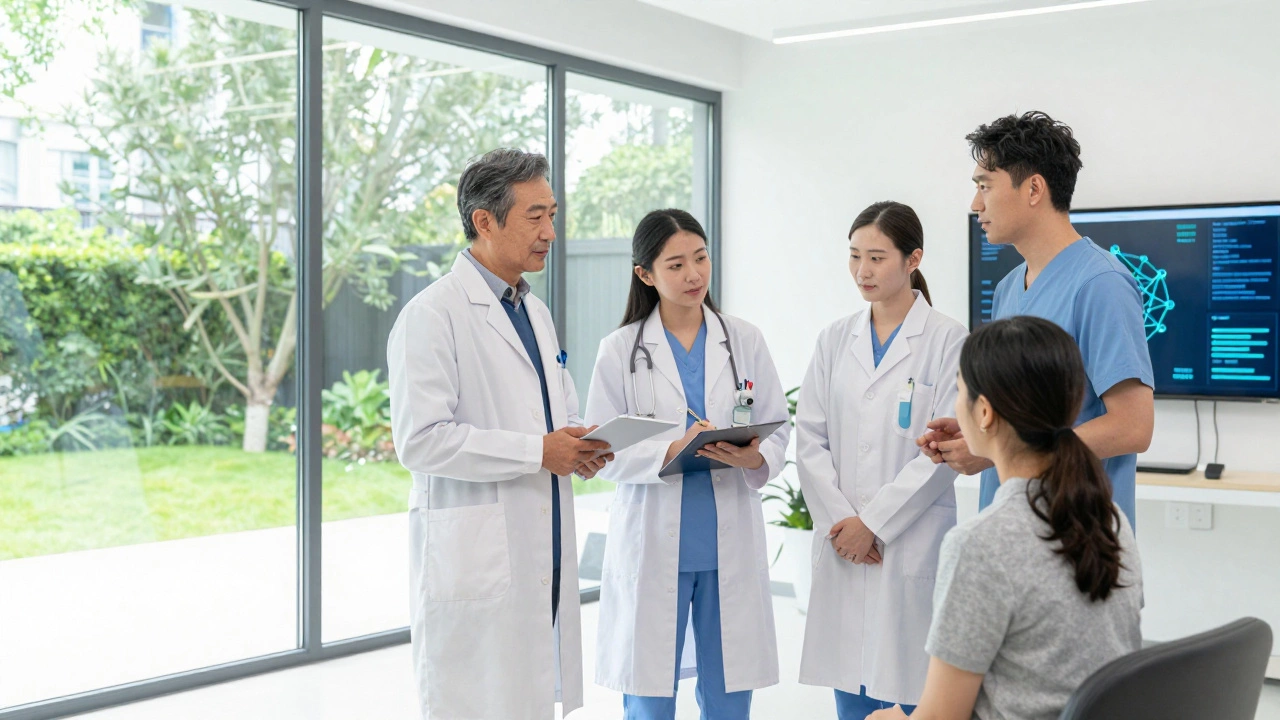 Multidisciplinary healthcare team collaborating with patient in modern clinic