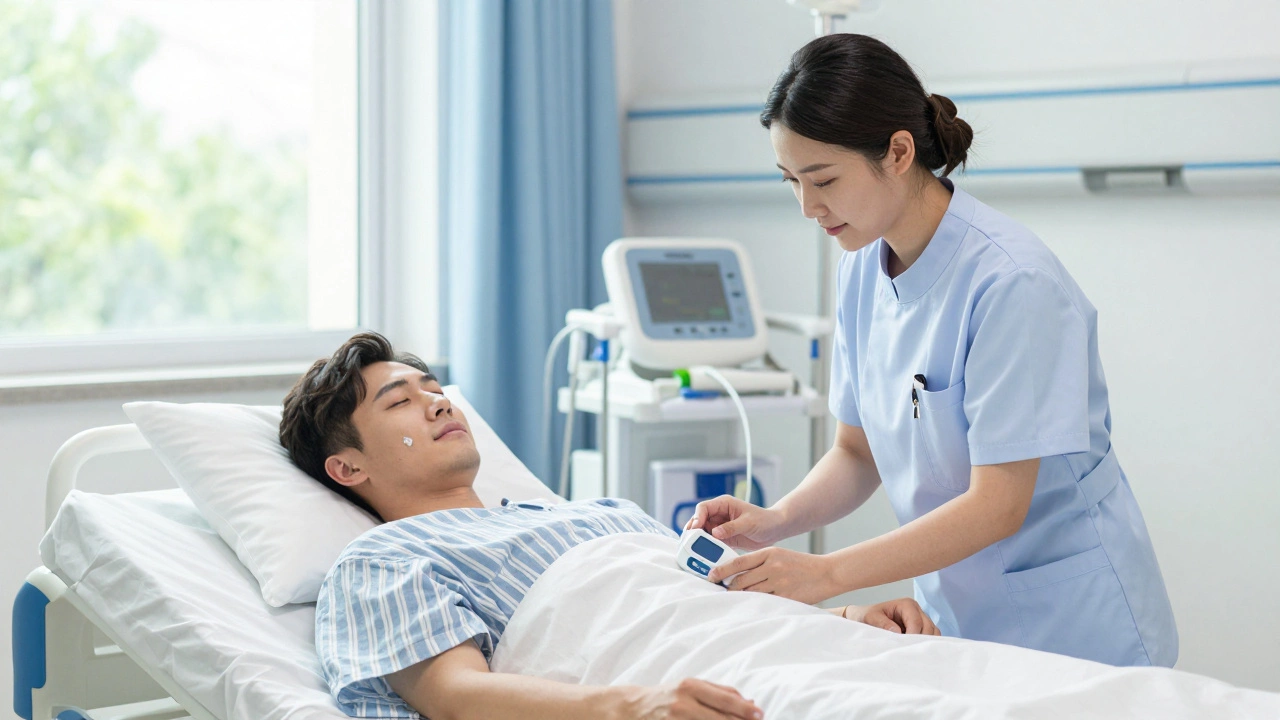 Nurse adjusting pain relief pump for patient in bright hospital room