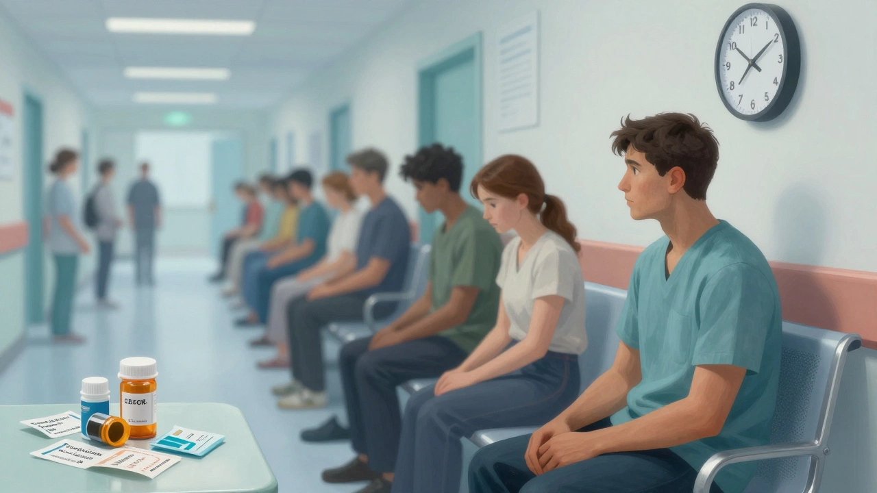 Patient waiting in a hospital corridor with clocks and prescription pills