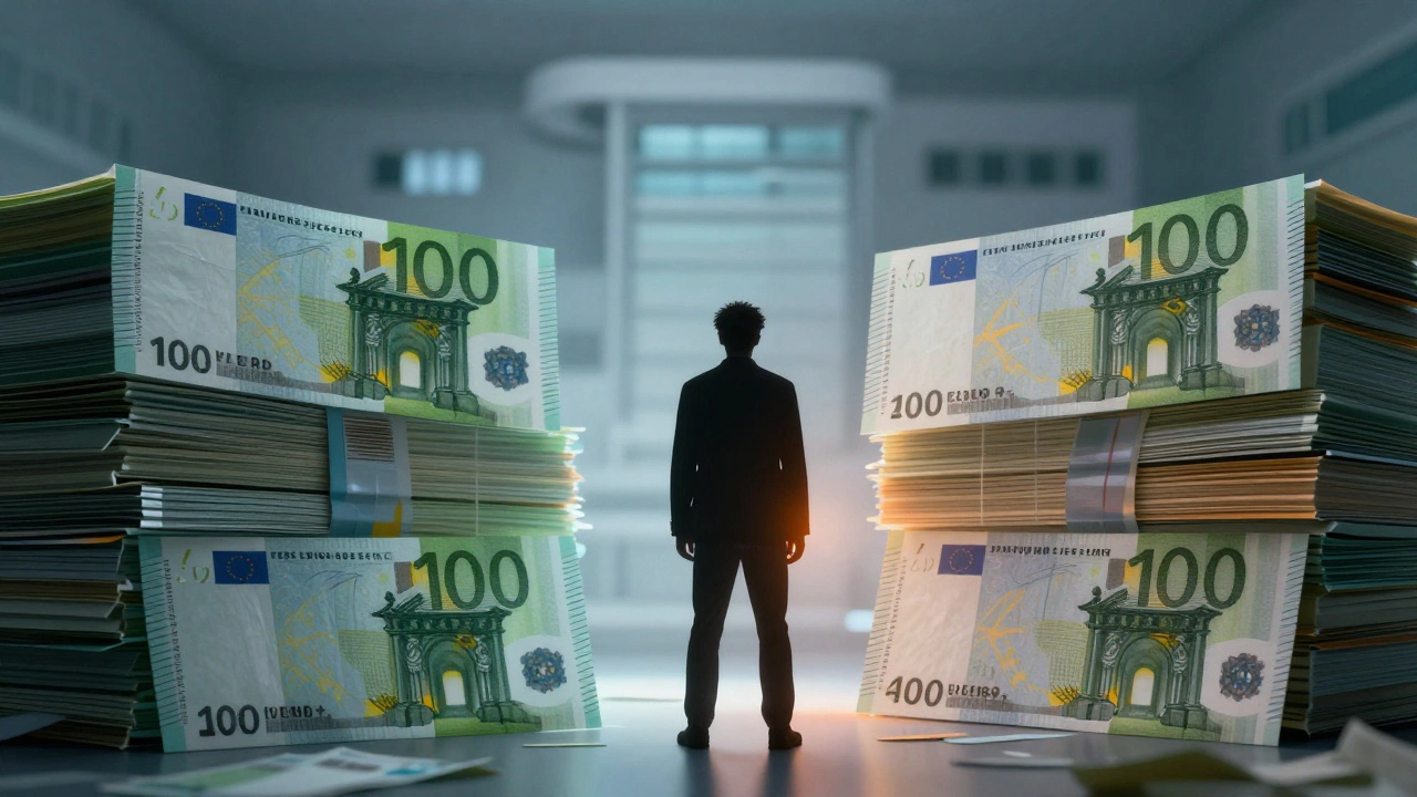 Person facing a wall of Euro banknotes symbolizing high private surgery costs