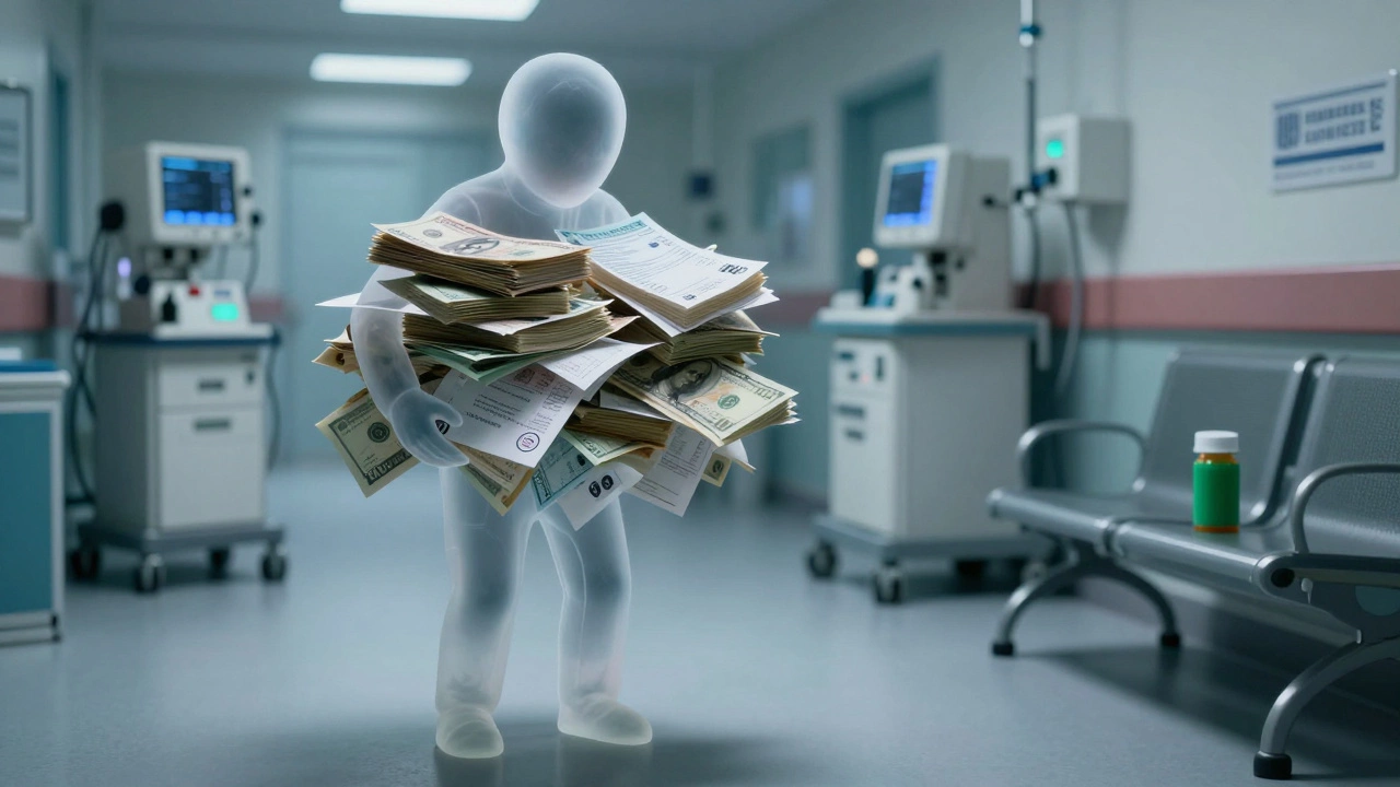 Person overwhelmed by large stack of medical bills in hospital corridor