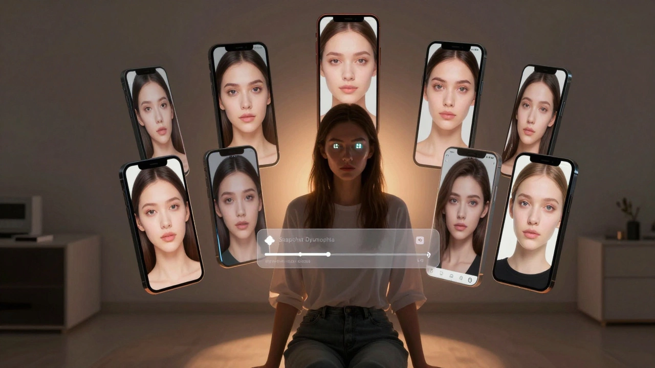 Person surrounded by glowing phone screens showing filtered faces