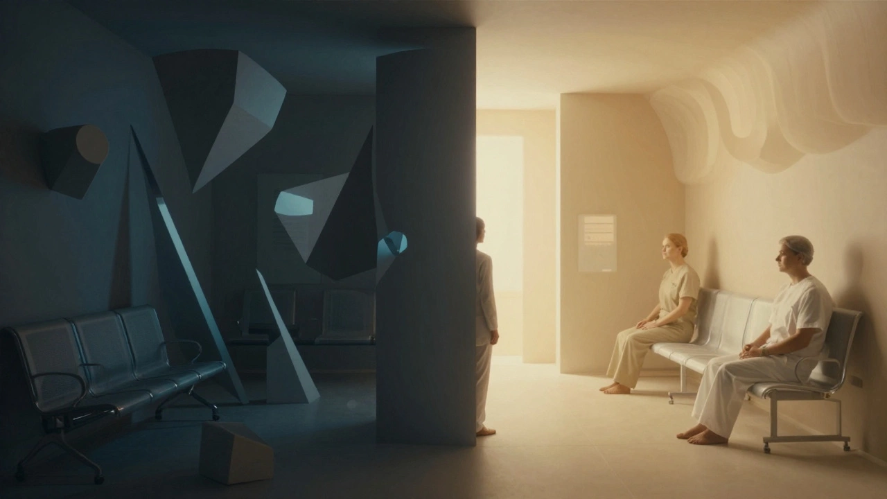 Split image contrasting chaotic pain with serene private hospital care