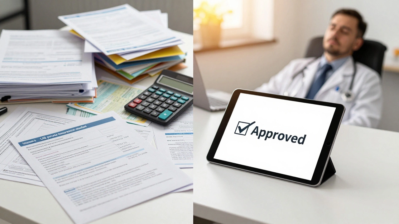 Split screen comparing messy US insurance paperwork to clean UK admin
