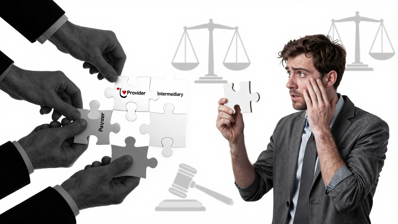 Split view of corporate hands assembling healthcare puzzle pieces while a consumer looks on