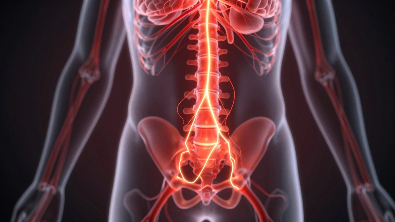 Anatomical illustration of glowing red nerve pain signals traveling to brain