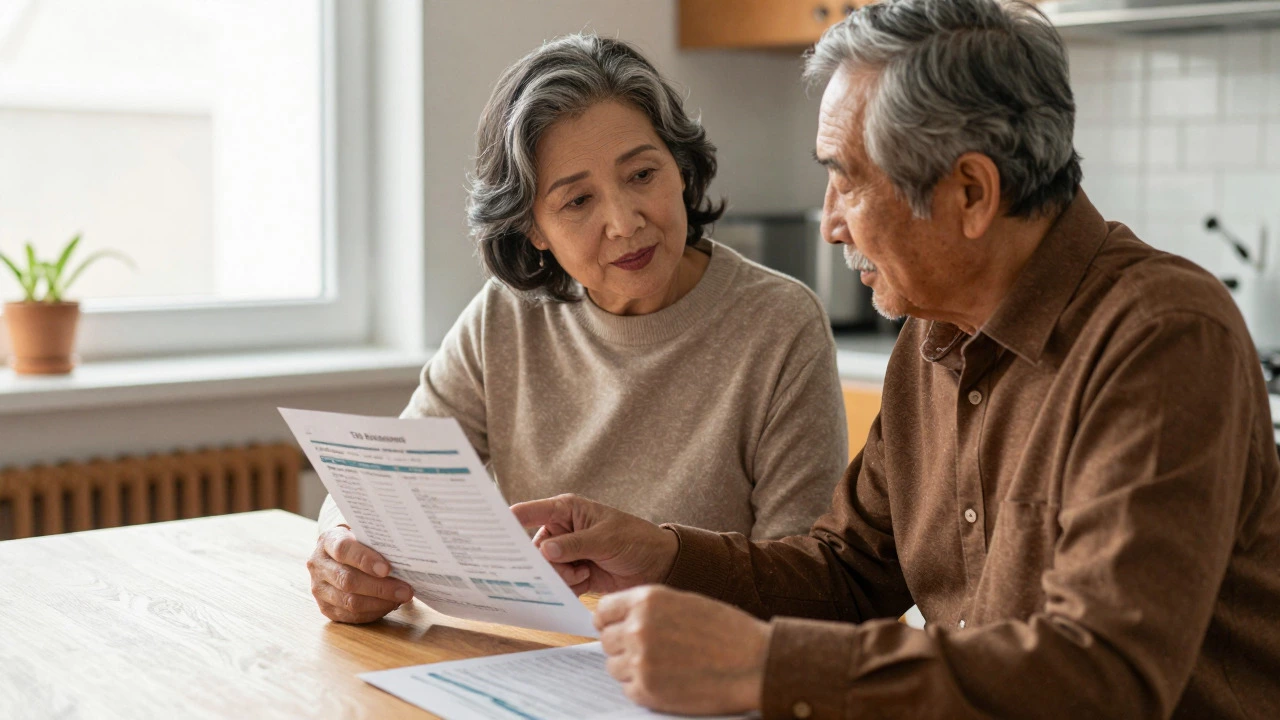 Couple discussing retirement finances and insurance plans at table