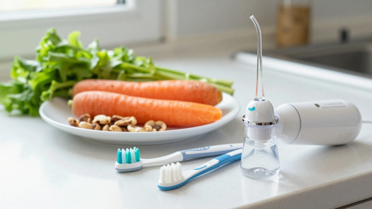 Dental hygiene tools next to crunchy vegetables, emphasizing care for implants.