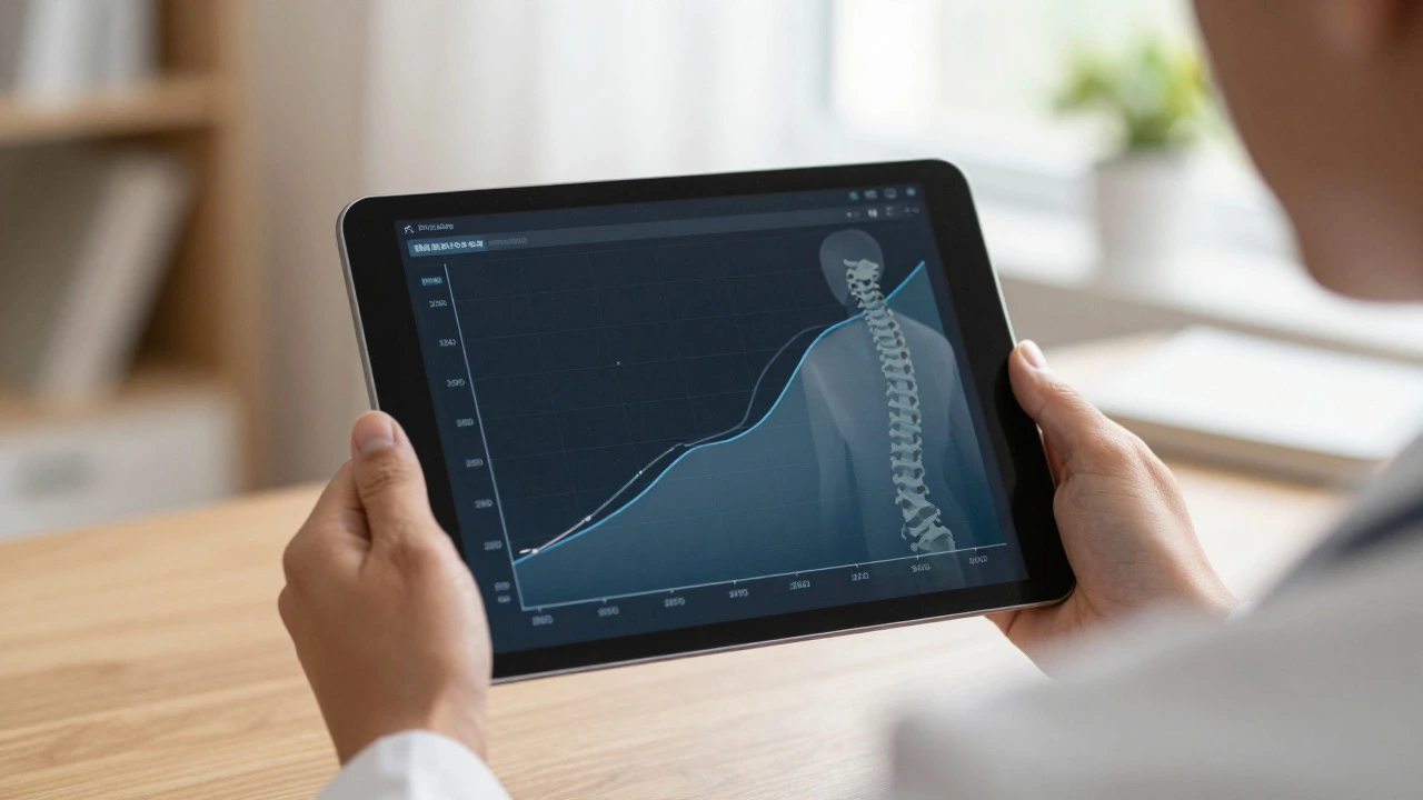Hands holding tablet with financial charts and spine silhouette overlay
