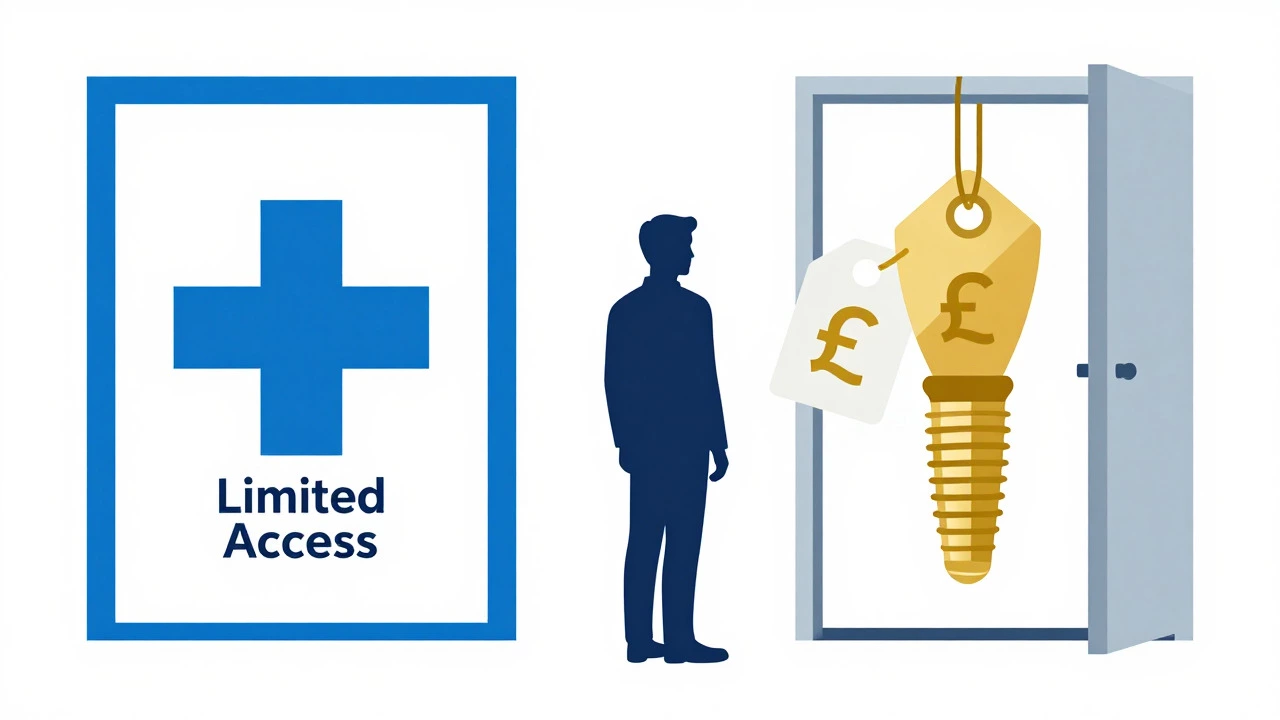 Illustration comparing limited NHS access vs expensive private implants