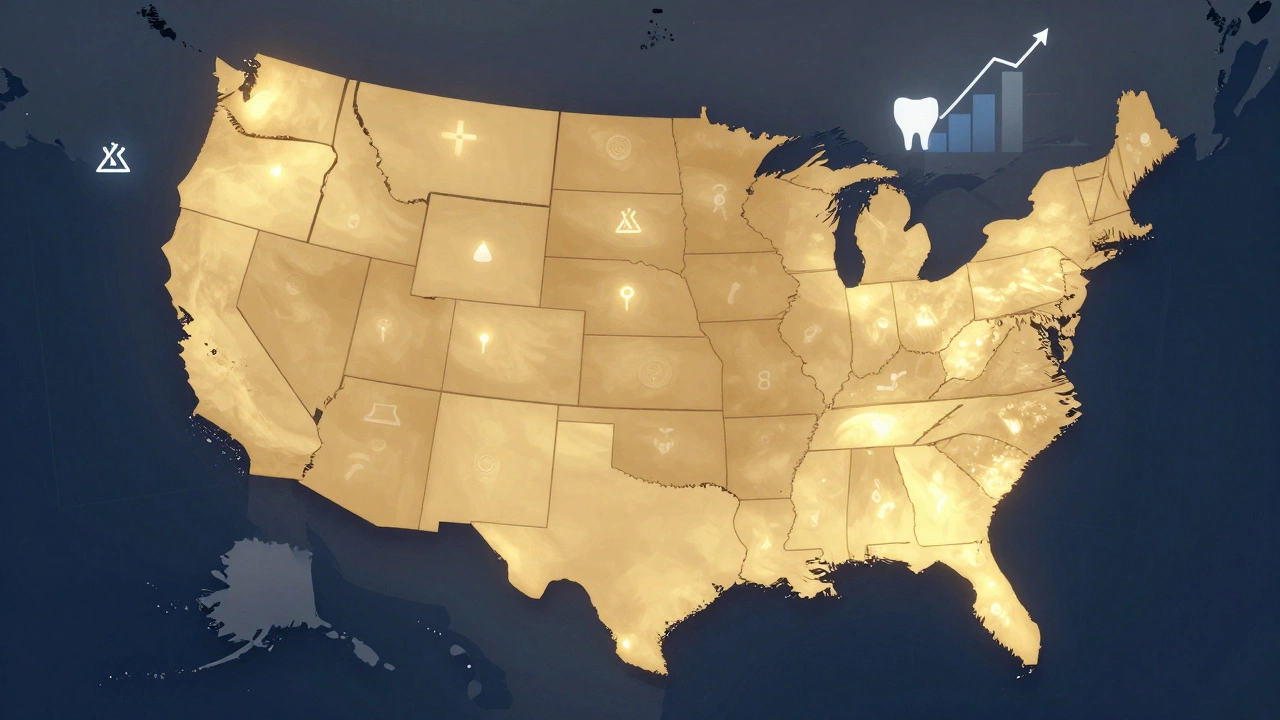 Map of USA highlighting affordable dental states like Texas and Oklahoma in gold