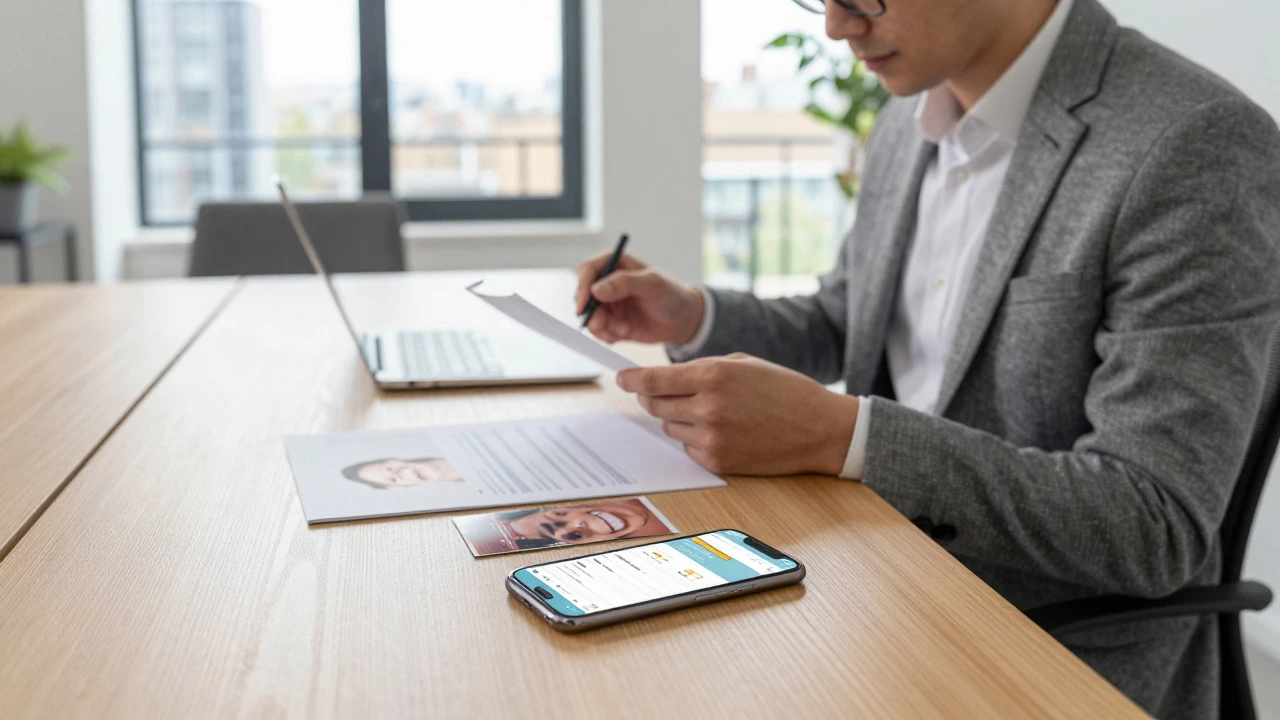 Person reviewing financial documents and phone for dental payment plans