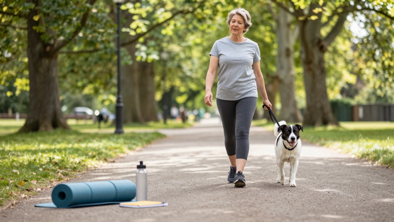 Person walking dog in park, symbolizing functional recovery and improved quality of life
