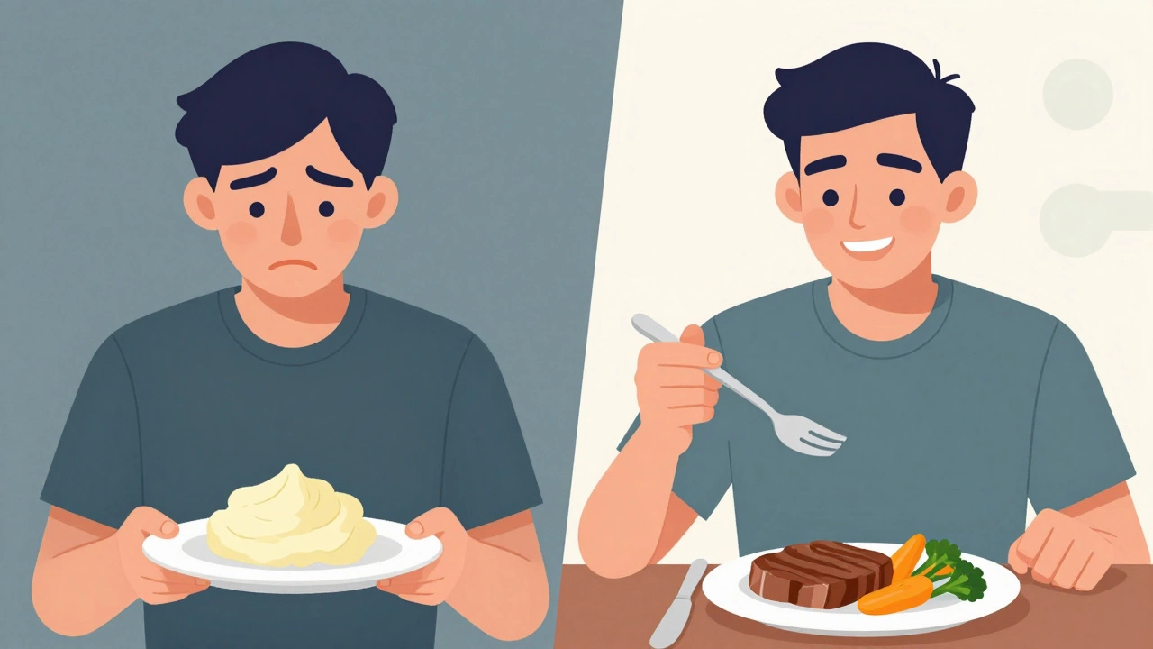 Split image contrasting anxiety with soft food vs confidence with a hearty meal.