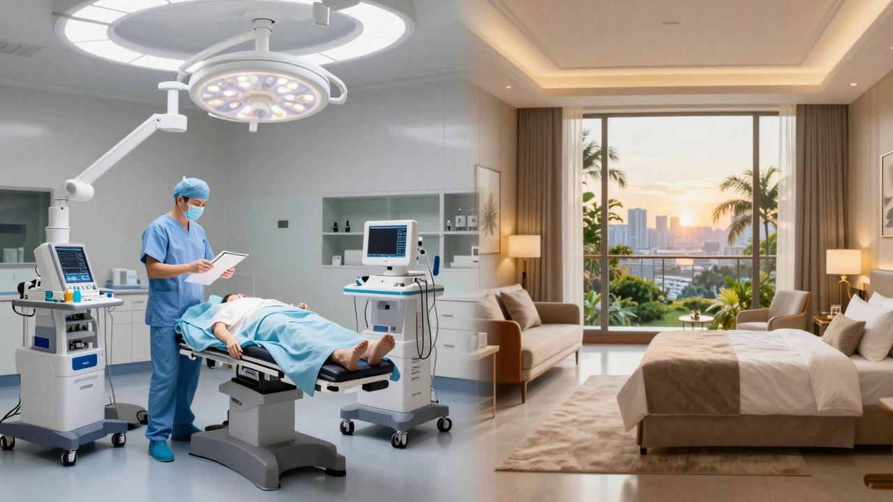 Split view showing a sterile modern surgery room and a serene luxury hotel recovery suite.