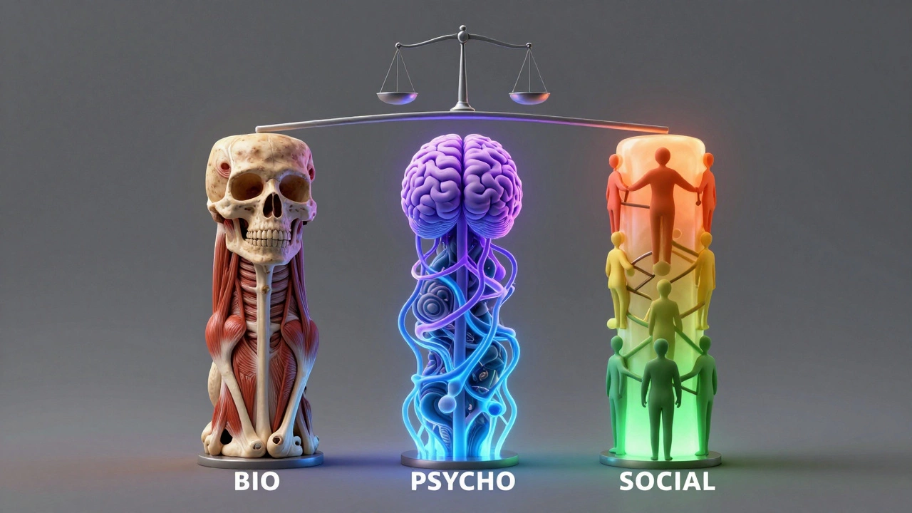 Three glowing pillars representing biological, psychological, and social aspects of pain