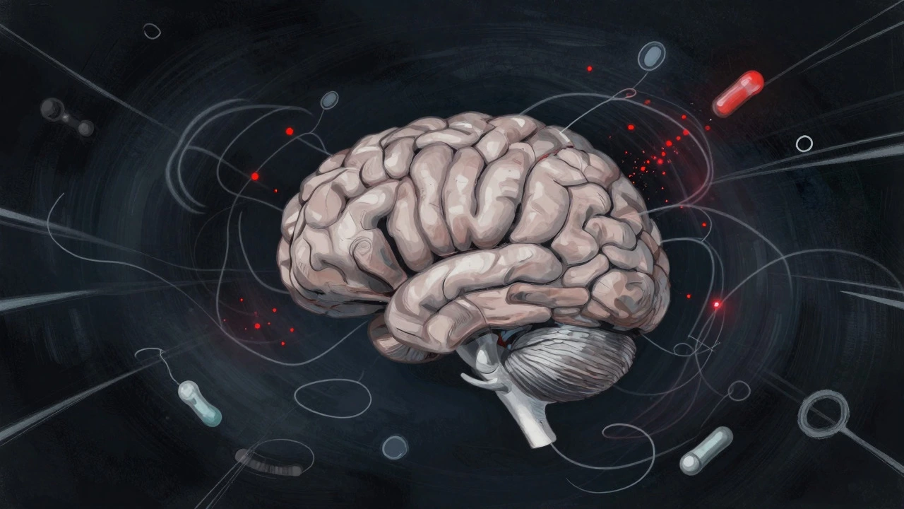 Abstract illustration of a brain surrounded by chaotic swirls representing stress