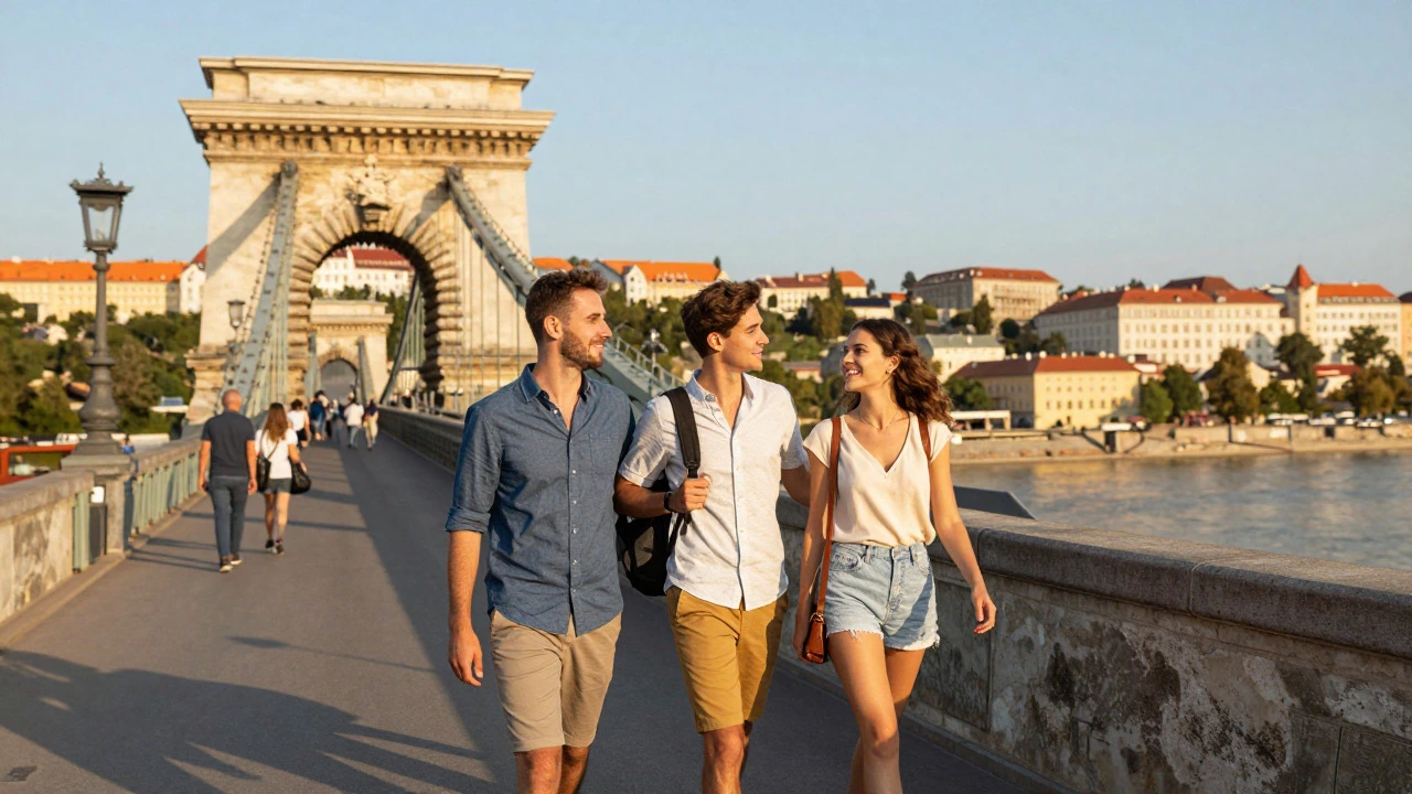 Couple walking near Budapest's Chain Bridge during golden hour