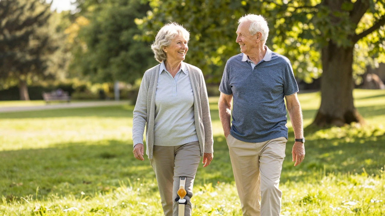 Elderly couple walking happily in a park after successful joint replacement
