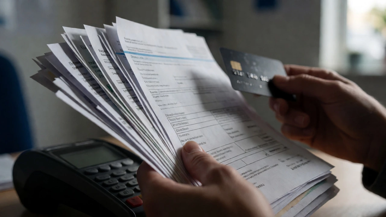 Hands holding scattered medical bills and prescriptions, highlighting the stress of hidden private healthcare costs.