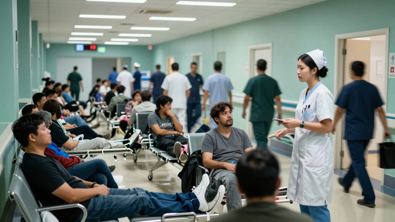 Overcrowded hospital waiting room with staff managing high patient volume