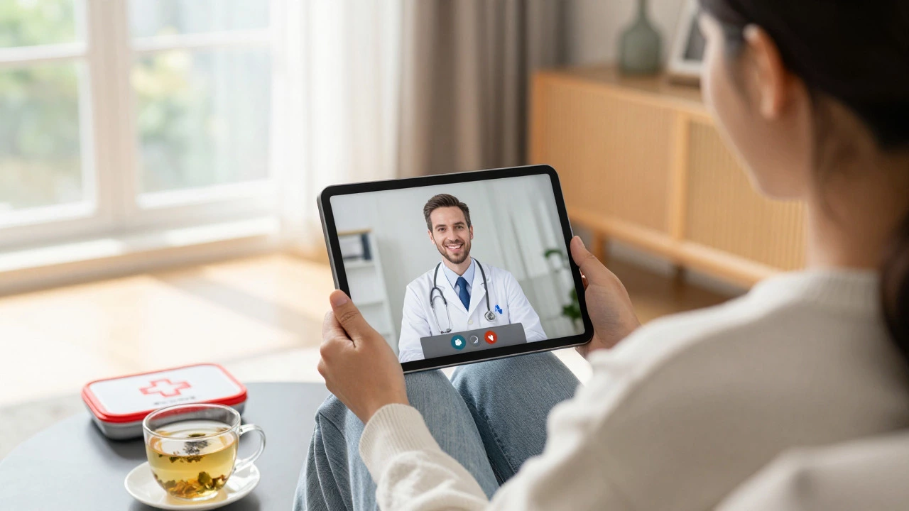 Patient having a video consultation with a doctor from home