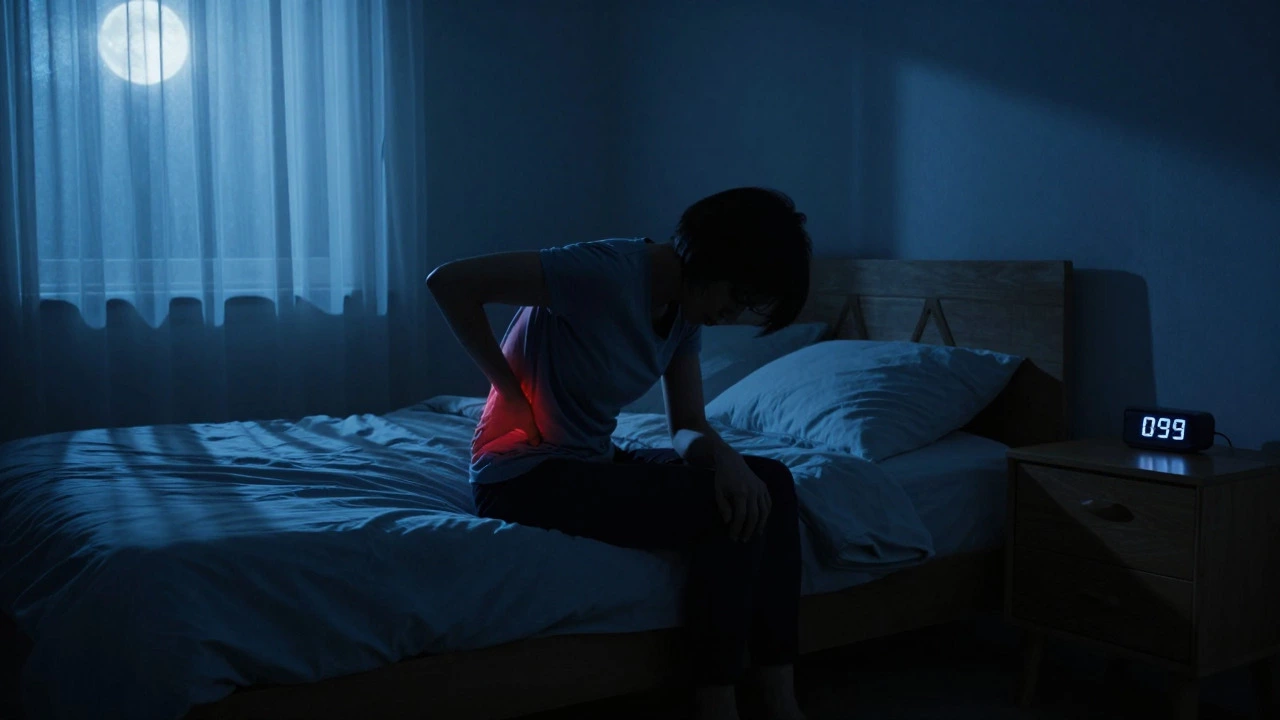 Person sitting on a bed at night, holding their back in pain