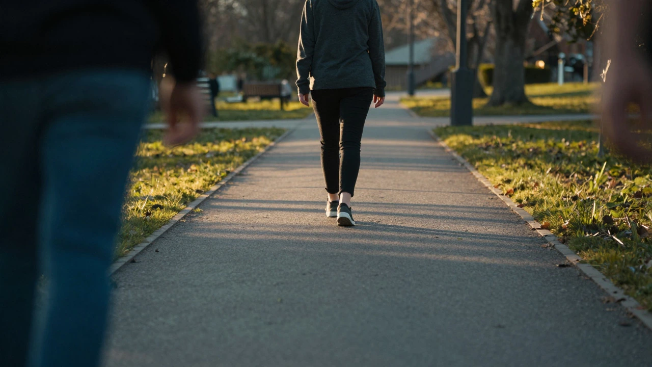 Person walking calmly on a park path during sunset
