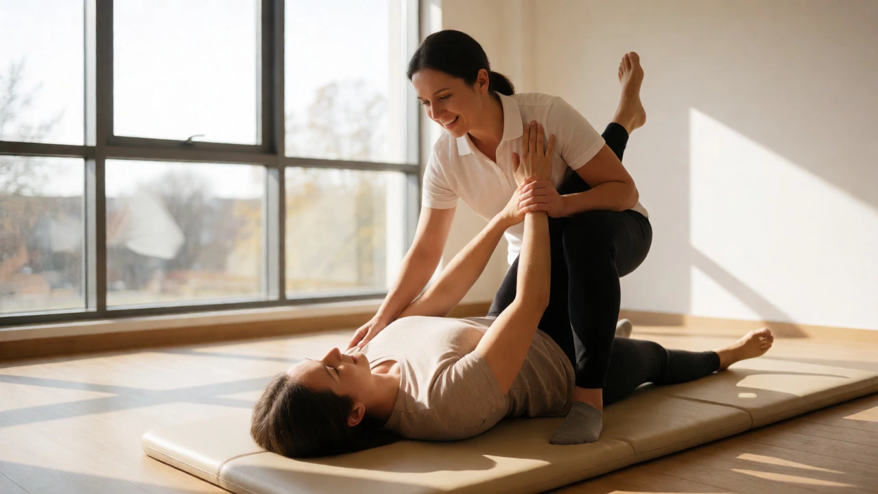Physical therapist guiding a patient through gentle stretching exercises in a bright clinic