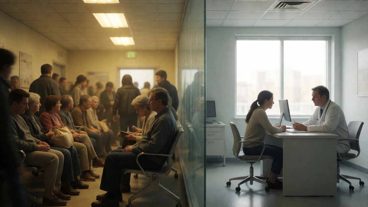 Split scene showing a crowded public waiting room versus a calm, exclusive private consultation room.