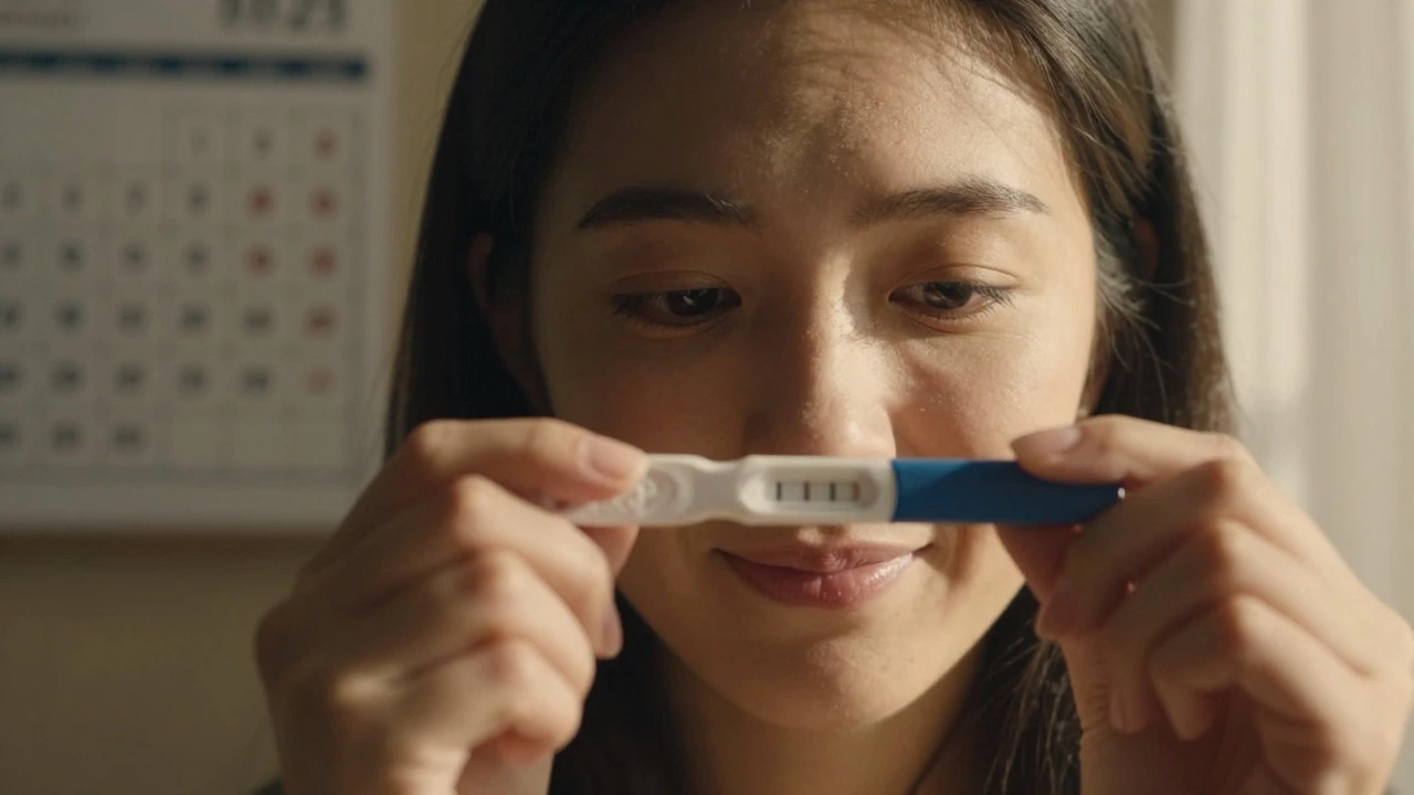 Woman holding positive pregnancy test with relief