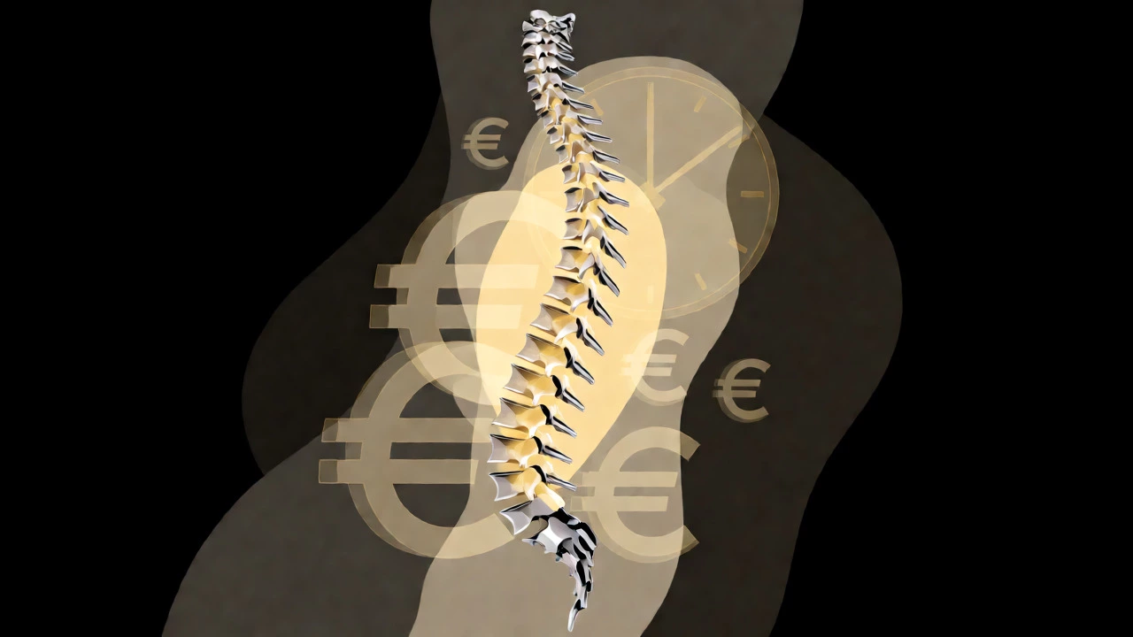 Artistic depiction of a titanium spinal fusion structure surrounded by symbolic cost elements.
