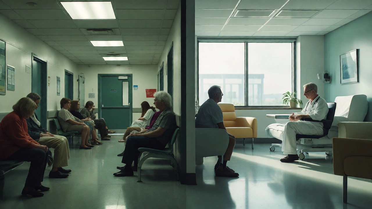Contrast between busy NHS waiting room and calm private clinic