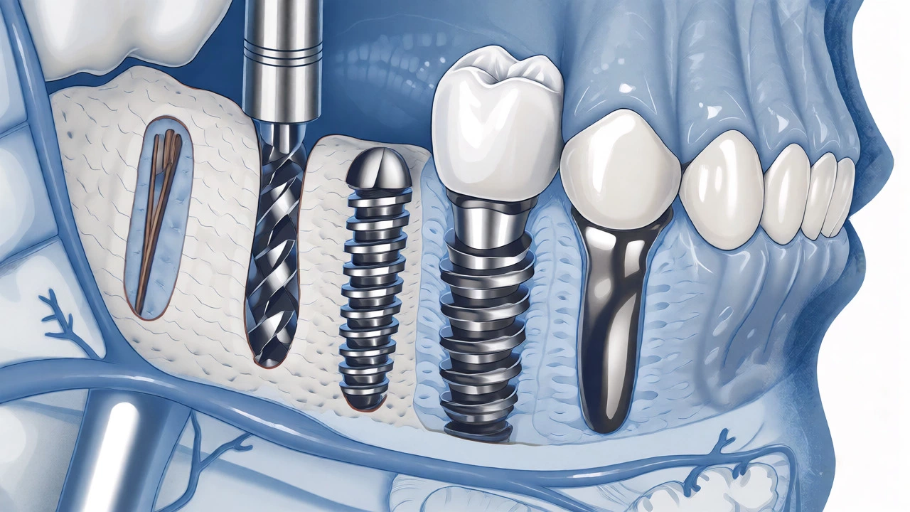 Cross-section diagram of multi-stage dental implant surgery